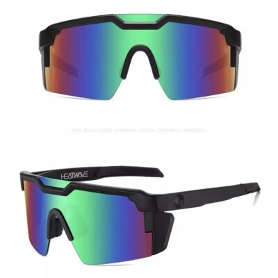  US NIB Large Shield Rimless Sunglasses Z87 Black Frame Flash Green Mirror Lens