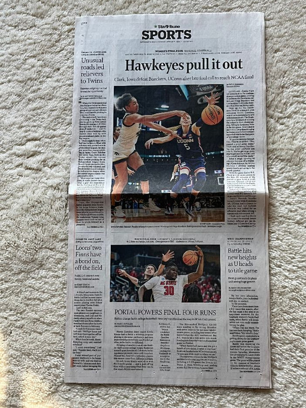6 Women's Final Four Newspapers Iowa Hawkeyes Caitlin Clark Paige Bueckers 2024