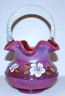 LOVELY RARE FENTON ART GLASS RASPBERRY OPALESCENT IRIDIZED HP ADAM'S RIB BASKET