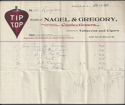norwich tobacco NORWICH, NY ~ NAGEL & GREGORY CONFECTIONERS & TOBACCO ~ ILLUS. BILLHEAD 1909