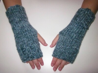 Hand Knit Bulky Fingerless Mittens/Texting Gloves -Slate Blue