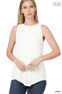 1X 2X 3X Women Round Neck Sleeveless Long Tank Top Luxe Rayon Tunic High Low Hem