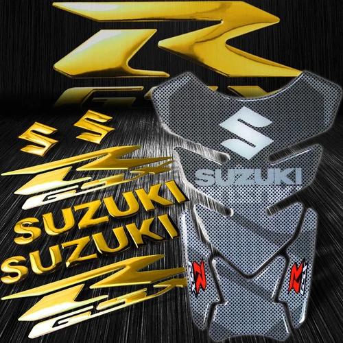 Reflective Carbon Look Tank Pad+8" Chrome Gold Logo&Letter+GSXR Emblem Sticker - Picture 2 of 12