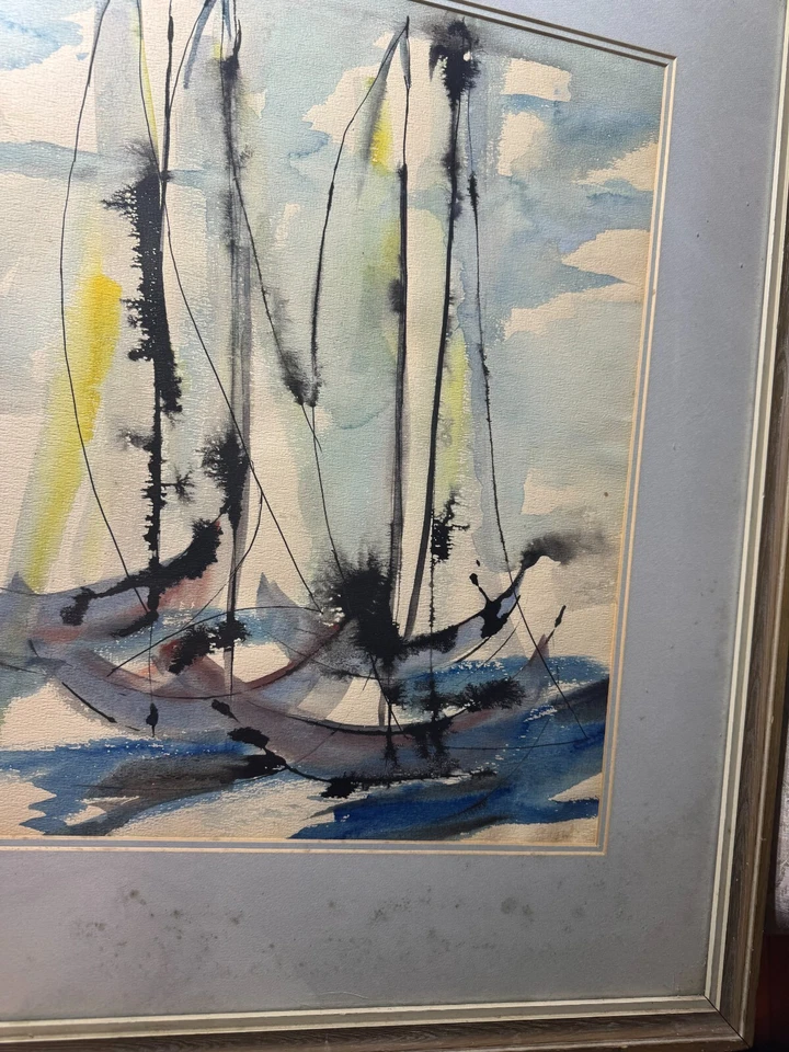 Pintura Acuarela Impresionista Vintage "Escena de Veleros" - Enmarcada Foto 4 de 4