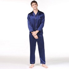 NEU Herren Pyjama Schlafanzug Seide Satin Langarm langer Hose Nachtwäsche#M023 