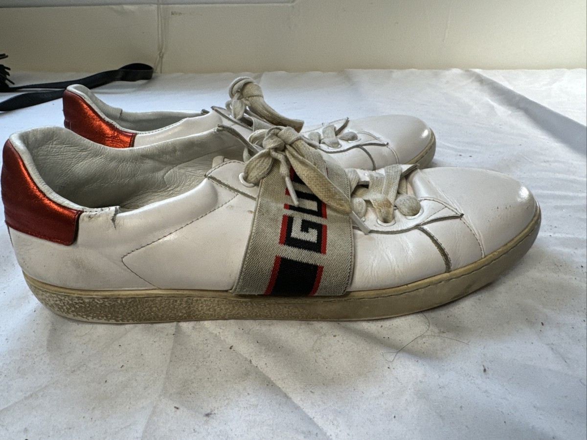 Gucci men Ace Stripe Sz 11D White Leather Elastic Band Flat