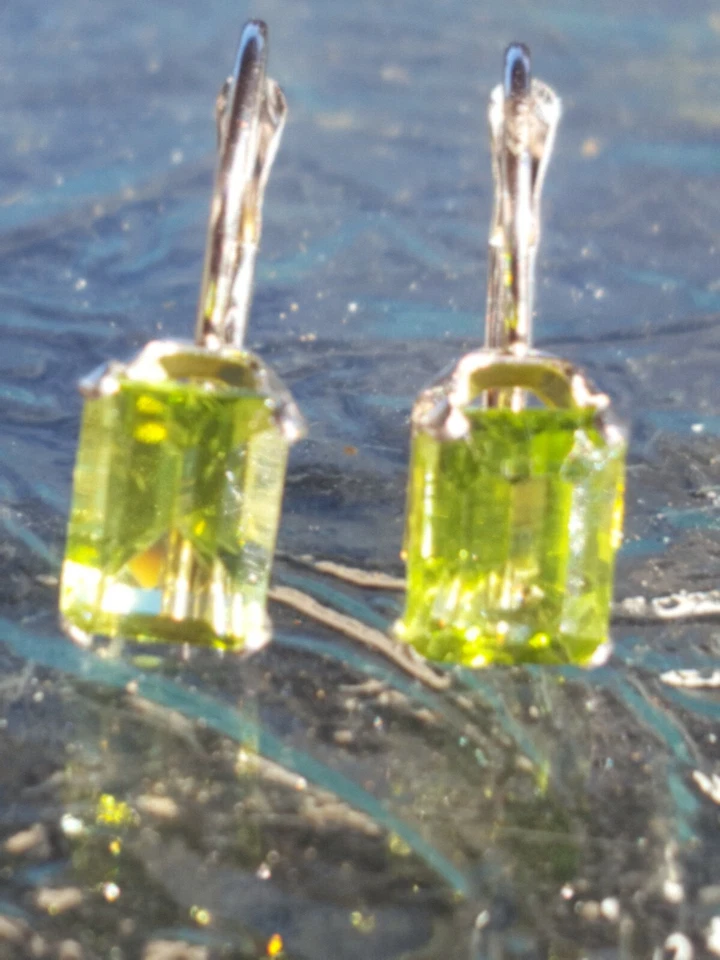Peridot Labcreated Octagon Cut Leverback Earrings 14kt Solid White Gold  - Image 3 of 4