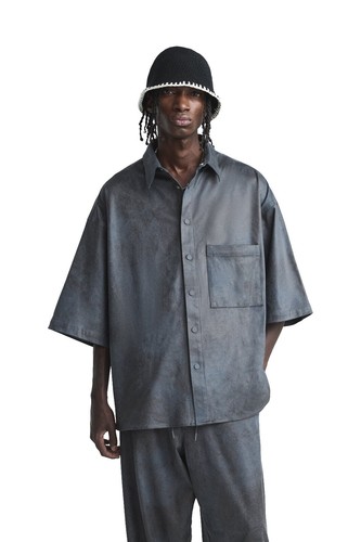collarless dress shirt zara ZARA Light Charcoal Gray Collarless Men's Regular Fit Dress Shirt * MEDIUM