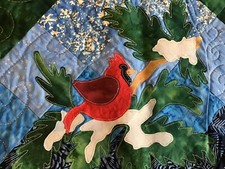 Quilted Table Runner Homemade Cardinal Bird Pine Cones Festive Metallic 28 x 56