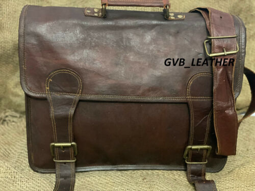 18"  Men's Genuine Vintage Lucky Leather Messenger Shoulder Laptop Bag computer - Picture 1 of 5