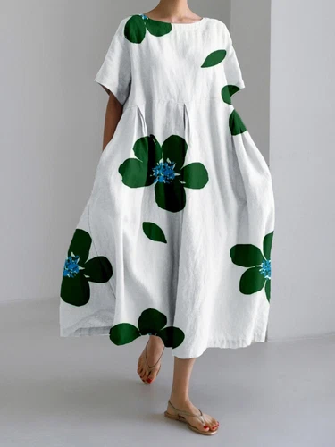 Damen Retro Rundhalsausschnitt Druck Kurzarm Rock Sommer Locker Lang Maxikleid - Bild 12 von 21