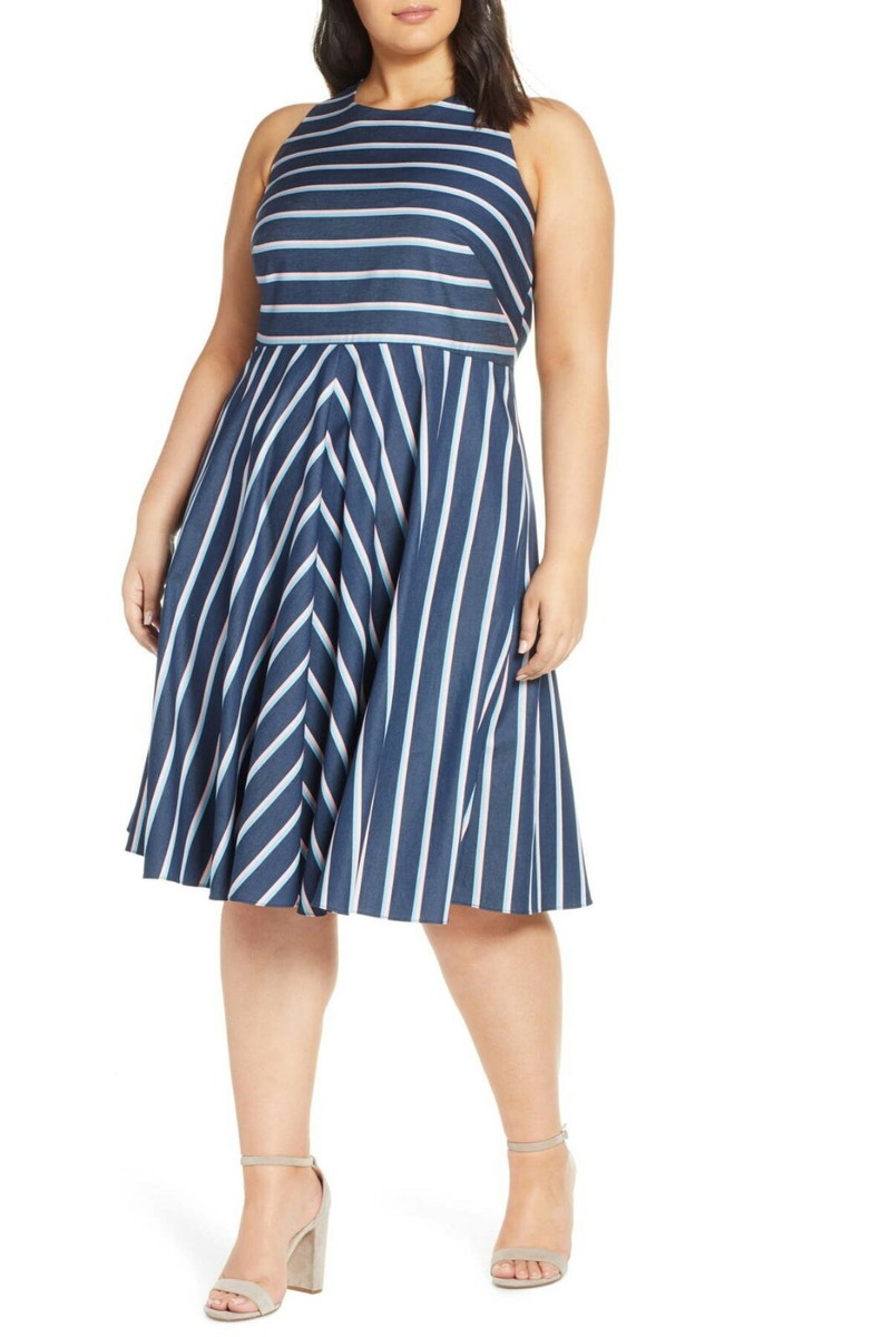 stripe fit & flare dress eliza j Eliza J Navy White Stripe Fit Flare Dress XL