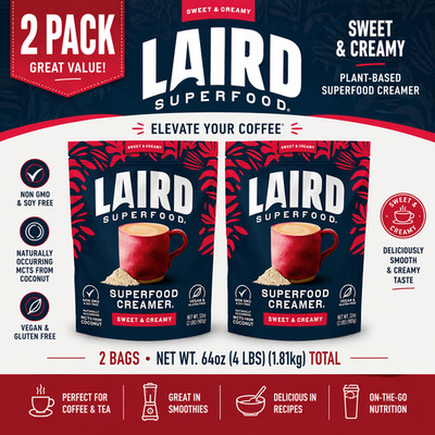 2-Pack Laird Superfood Powder Coffee Creamer, Non-Dairy, Sweet and Creamy, 32 oz