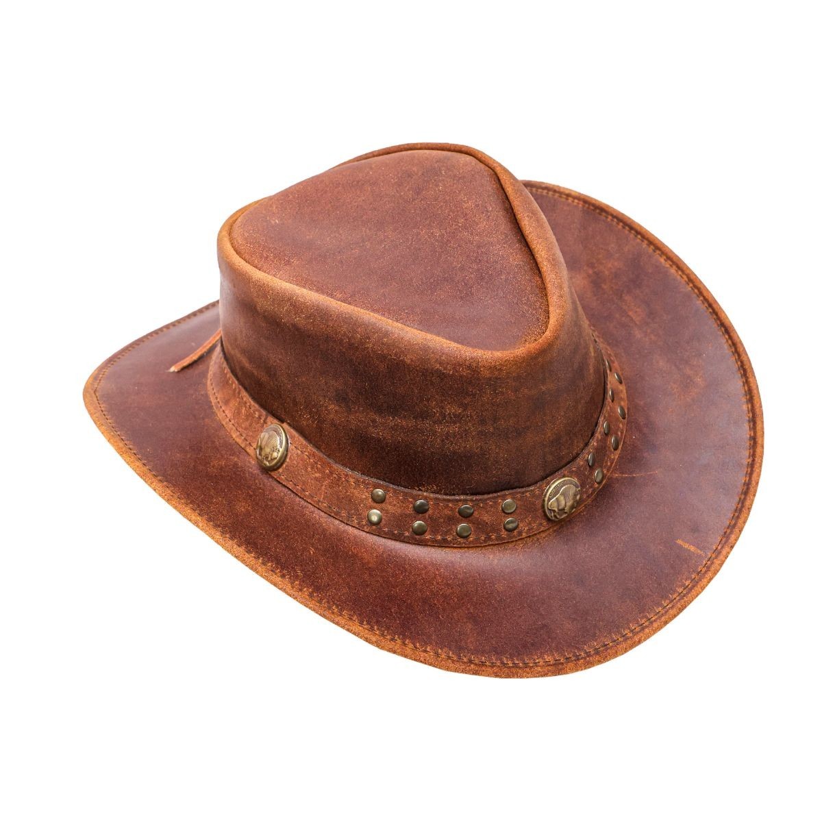 Brown Distressed Genuine Leather Cowboy Hat Western Outback  display picture 1