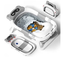 Foldable Baby Bath Tub Collapsible Infant Bathtub W/Support Cushion Gray/ Bear