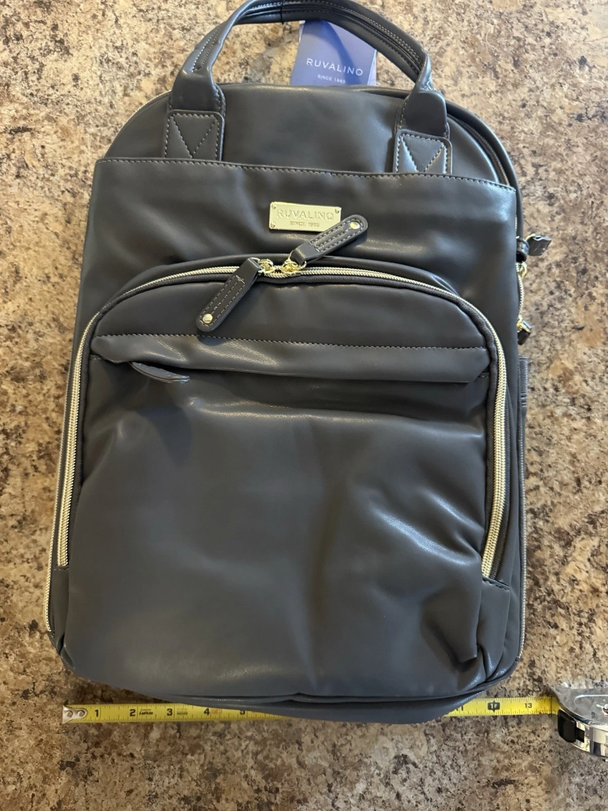 Rivaling Diaper Bag Backpack, Dark Grey, Faux Leather, Gold Trim. New