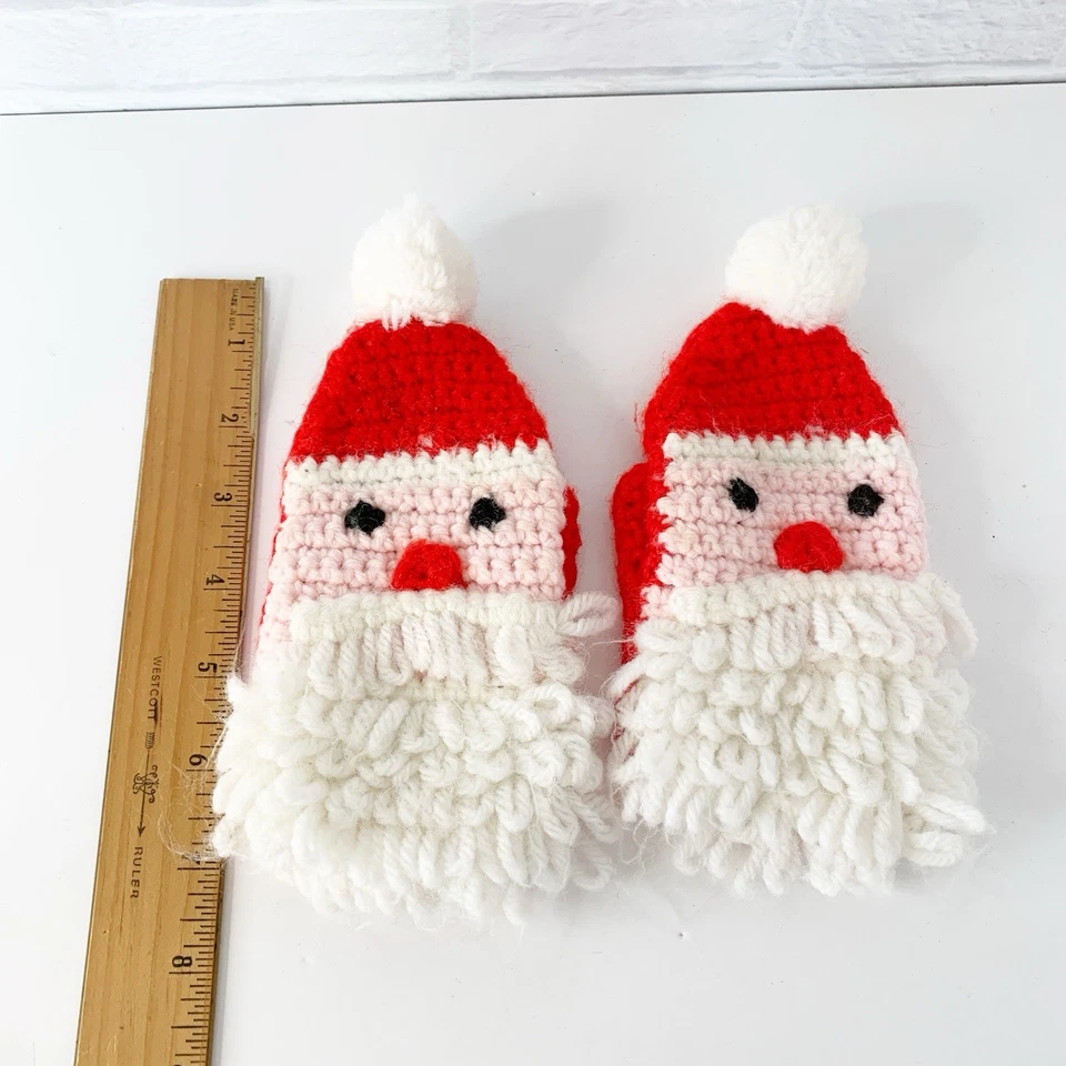 Handmade Knit Santa Mittens Kids Ages 3-4 Red Knitted Christmas - Image 3 of 4