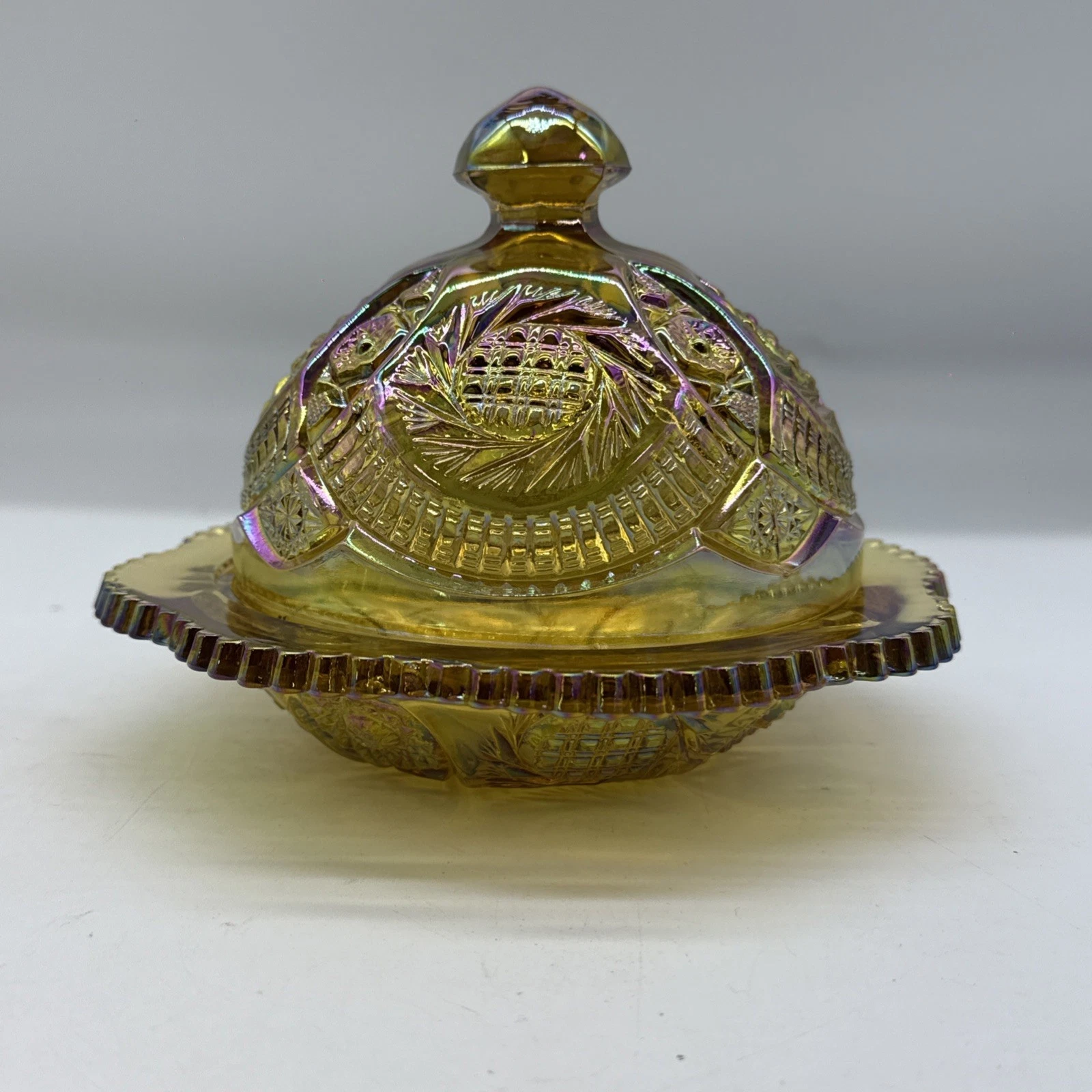 VTG LE Smith Carnival Glass Gold #310 Domed Butter Dish Sunburst Hobstar EUC
