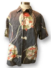 CITRON Linen Button-Up Hawaiian Floral Print Short Sleeve Multi Gray Size 1