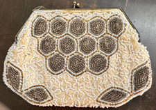 Beaded handbag with silk lining Silver clasp Vintage