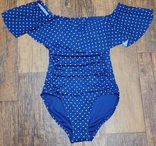NWOT Lauran Ralph Lauren Sapphire Pin Dot Off The Shoulder One Piece Swimsuit