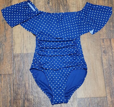 NWOT Lauran Ralph Lauren Sapphire Pin Dot Off The Shoulder One Piece Swimsuit 