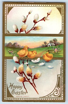 Cowell Signed Artist Postcard Easter Pipe Berry Hatched Egg Chicks Embossed