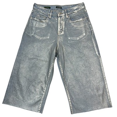 Coated Metallic Wide-Leg Baggy Jeans Sz 6R Raw Hem Cutoffs Gaucho Culottes Boho