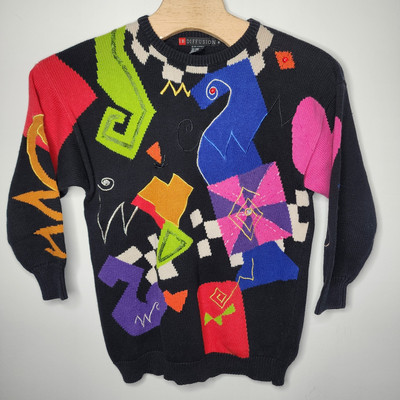 Vintage IB Diffusion Sweater Women s 1X Black Multicolor Art Knit 90s SEE PHOTOS