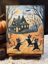 Retro Halloween, Dancing Cats, Haunted House, Handcrafted Flat Board Canvas