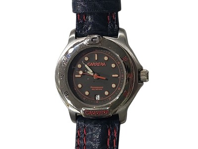 CARRERA Sport 200m Swiss Quartz Watch Navy Blue Leather Band Red Stitching
