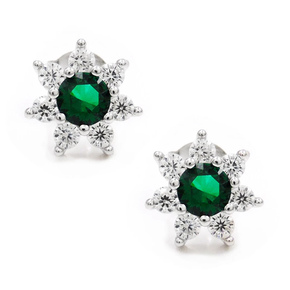 Orecchini Fiore in Argento 925 con Pietra Tonda Colorata e Zirconi Bianchi - Immagine 3 di 3