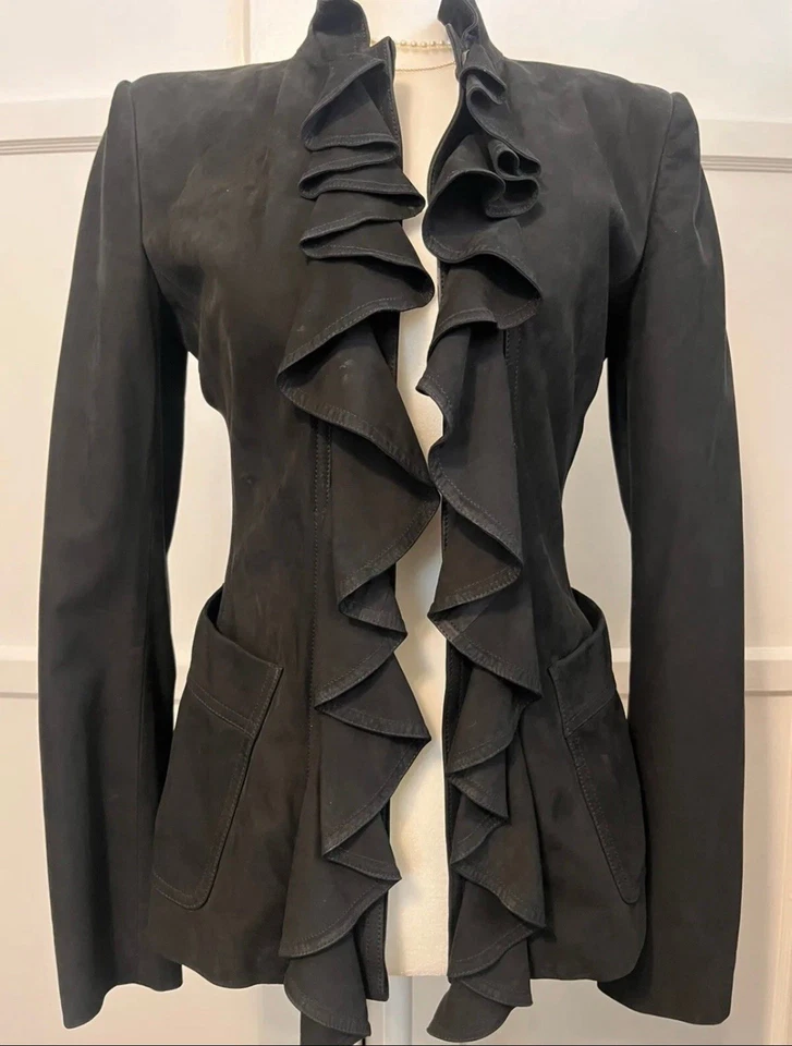 YSL 2003 YVES SAINT LAURENT by TOM FORD RUNWAY BLACK LEATHER RUFFLE JACKET 36 - Image 4 of 4