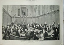 Original Old Antique Print 1882 Men Table Meeting London School Board Fine Art