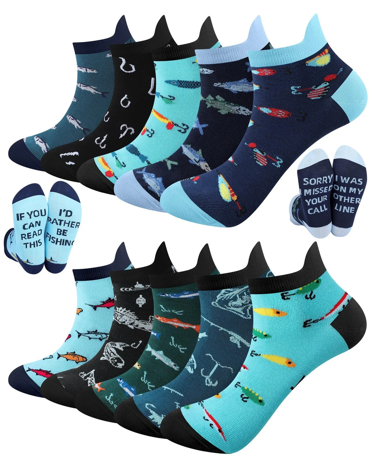 10 Pairs Fishing Socks for Men Novelty Fish Casual Ankle Socks Fathers Day Fi...