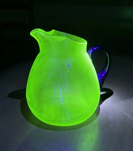 Antique Steuben Glass Green w/ Black Handle Uranium Pitcher  8” By 8” Czech