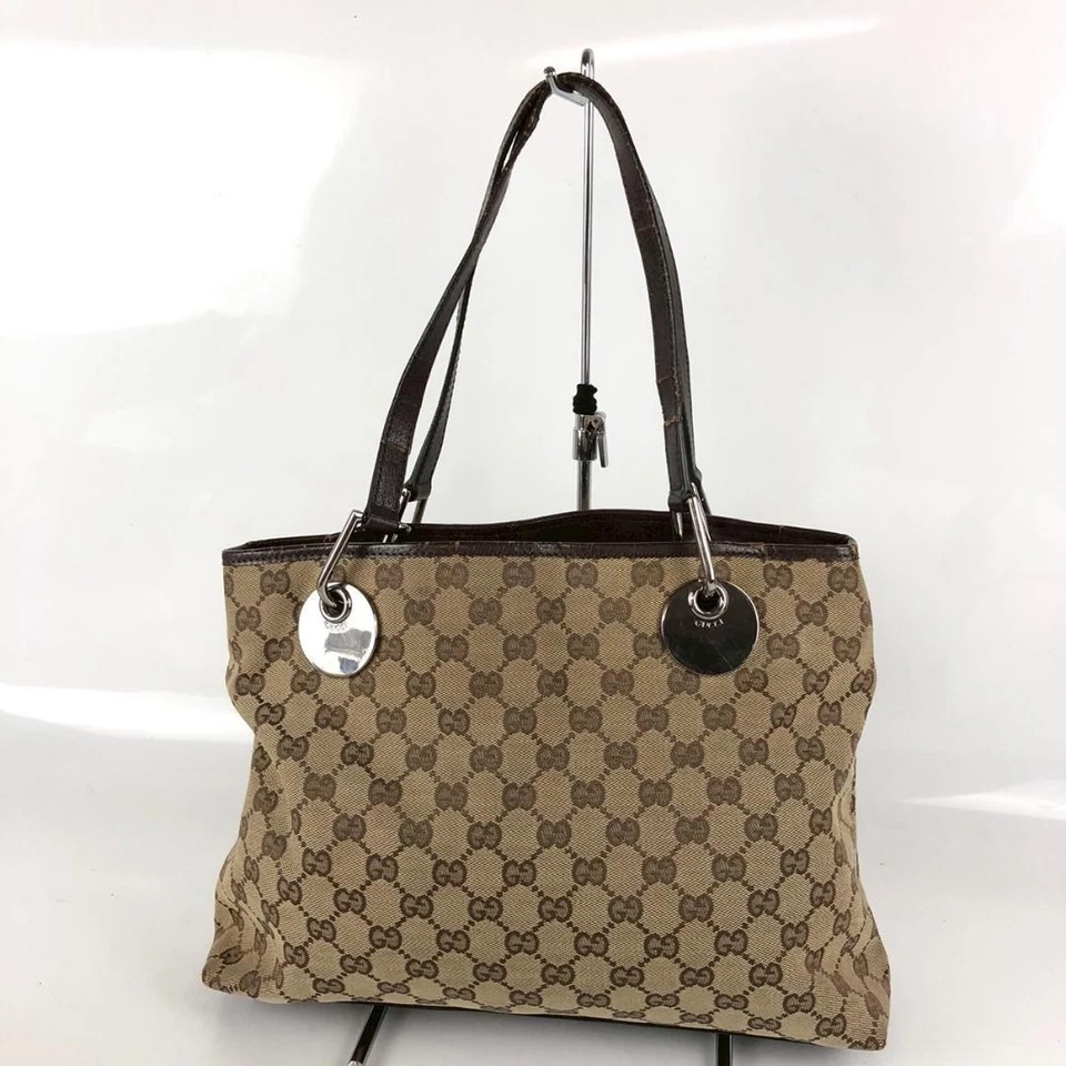 Vintage Gucci Tote Shoulder Hand Bag Beige Leather GG Purse Authentic Silver - Image 2 of 4