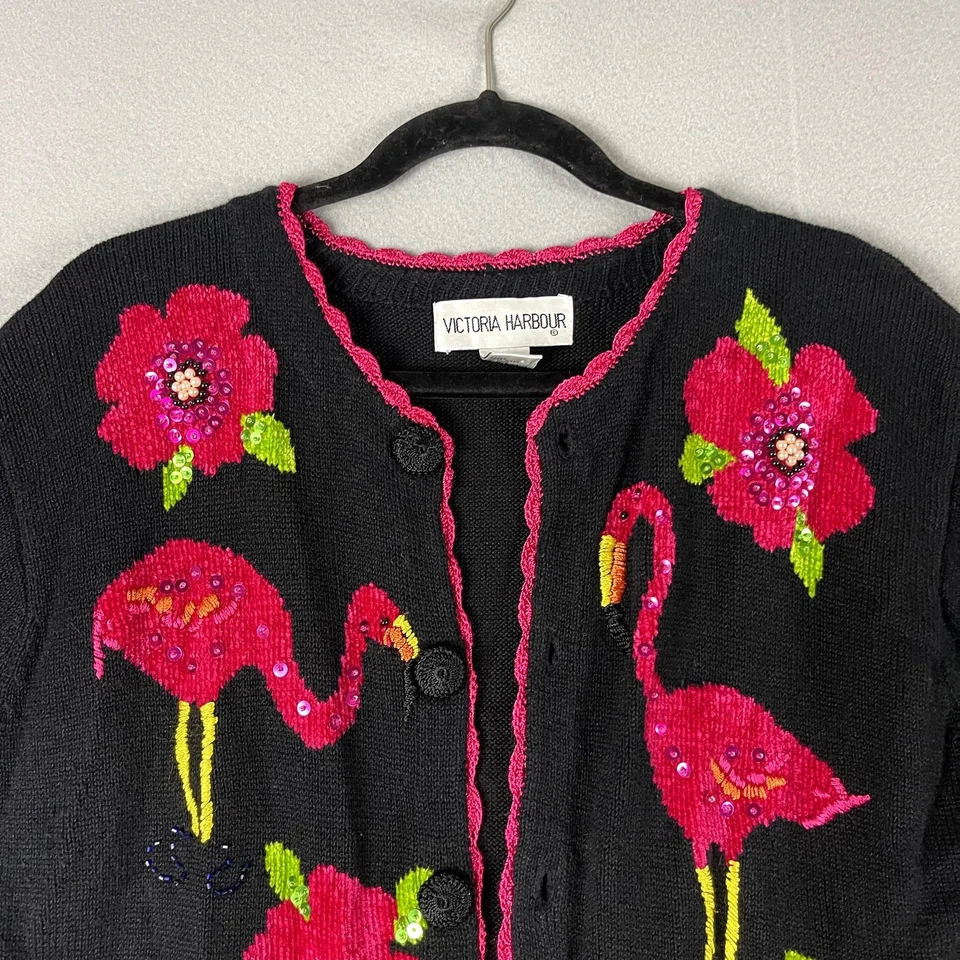 复古维多利亚港火烈鸟开衫女式大号花卉亮片串珠艺术 — 第 2/4 张图片