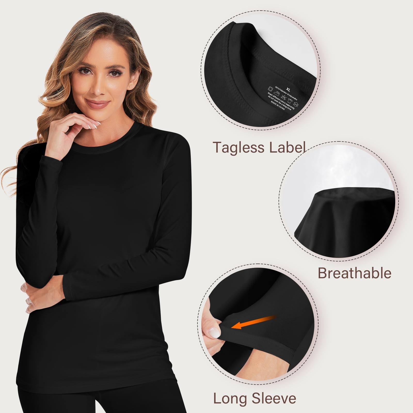 Thermal Long Johns Set for Women, Fleece Lined Base Layer, Black