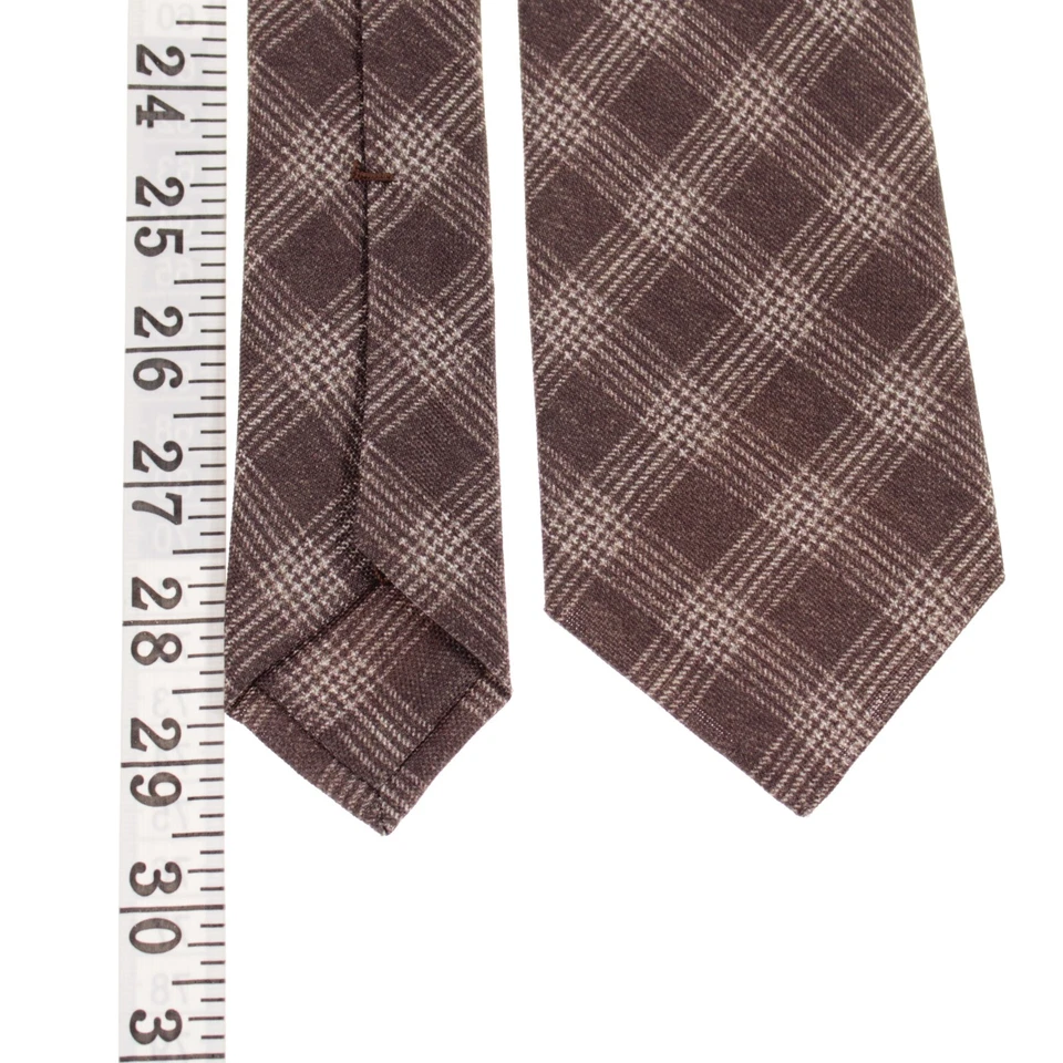 Kiton 全新无标签 100% 真丝七折领带棕色/米色格子格子 — 第 4/4 张图片