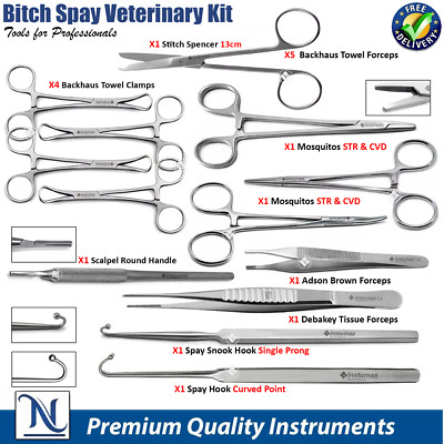 Veterinary Canine Bitch Neuter Pack Feline Spaying Hooks Forceps Scissors Tools