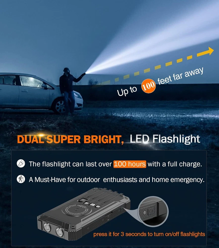 Solar Power Bank 36800mAh with Wireless Charging & Flashlight