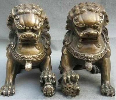 old Antique Fengshui Lions Bronze Statue Fu Foo Dogs Lion Pair ~Wish U Wealth