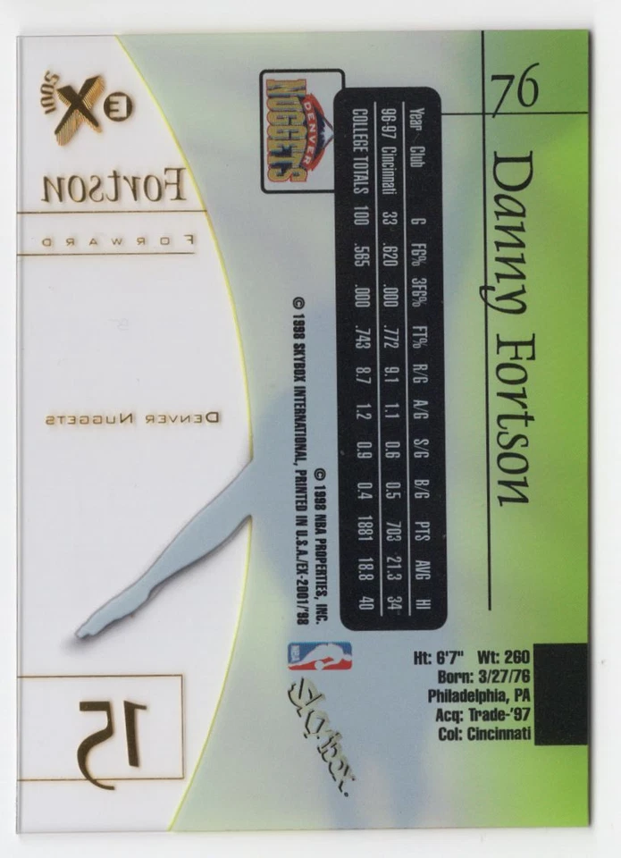 1997-98 1998 Skybox EX 2001 Danny Fortson Rookie Denver Nuggets #76 - Image 2 of 2