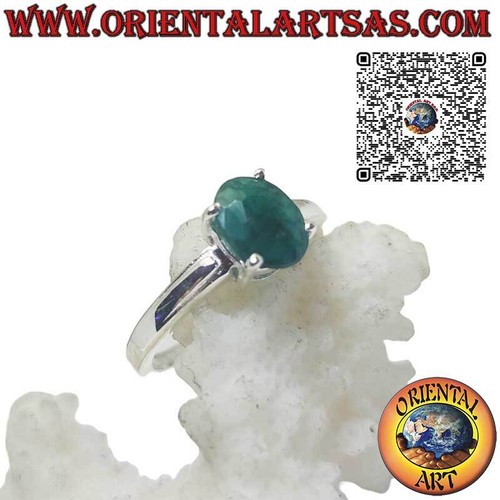 Anello in Argento 925‰ con smeraldo ovale naturale incastonato da 4 griffe - Foto 2 di 5