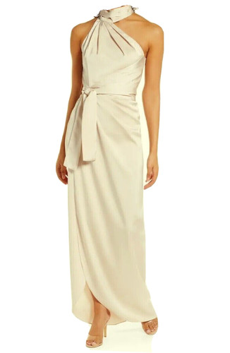 NEW ELLE ZEITOUNE DRESS GRACE HALTER SATIN FAUX WRAP GOWN PEARL SIZE L LARGE *O