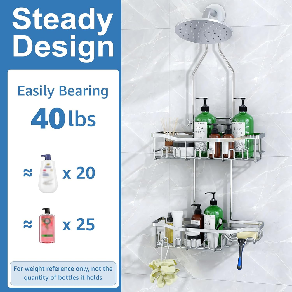 Shower Caddy, Upgraded Extended Length Shower Caddy over Showerhead No Blocking Shower Caddy, Upgraded Extended Length Shower Caddy over Showerhead No Blocking