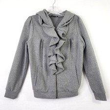 Mystree Hoodie Jacket Womens Size Small Gray Ruffle Front Full Zip Preppy Casual