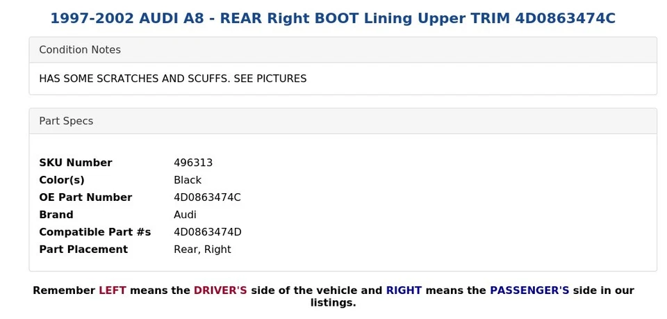 AUDI A8 1997-2002 - BOTA TRASERA DERECHA FORRO MOLDURA SUPERIOR 4D0863474C Foto 3 de 4