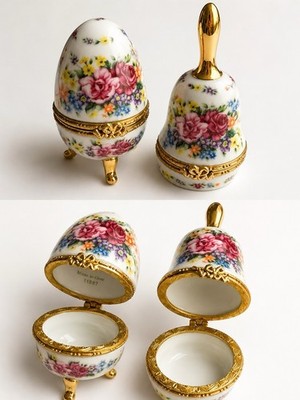 Vintage Lefton China Floral Porcelain Trinket Box Set Bell Egg 